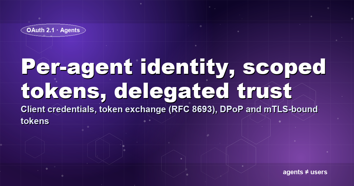 OAuth 2.1 for agents — per-agent identity, scoped tokens, token exchange (RFC 8693), and DPoP/mTLS-bound access tokens