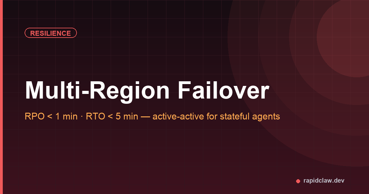 Multi-region failover — RPO under 1 minute, RTO under 5 minutes, active-active for stateful agents